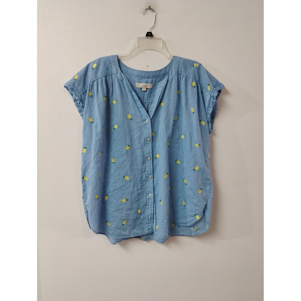 LOFT Blue Pineapple Embroidered Button Front Blouse XL Short Sleeve Chambray Top
